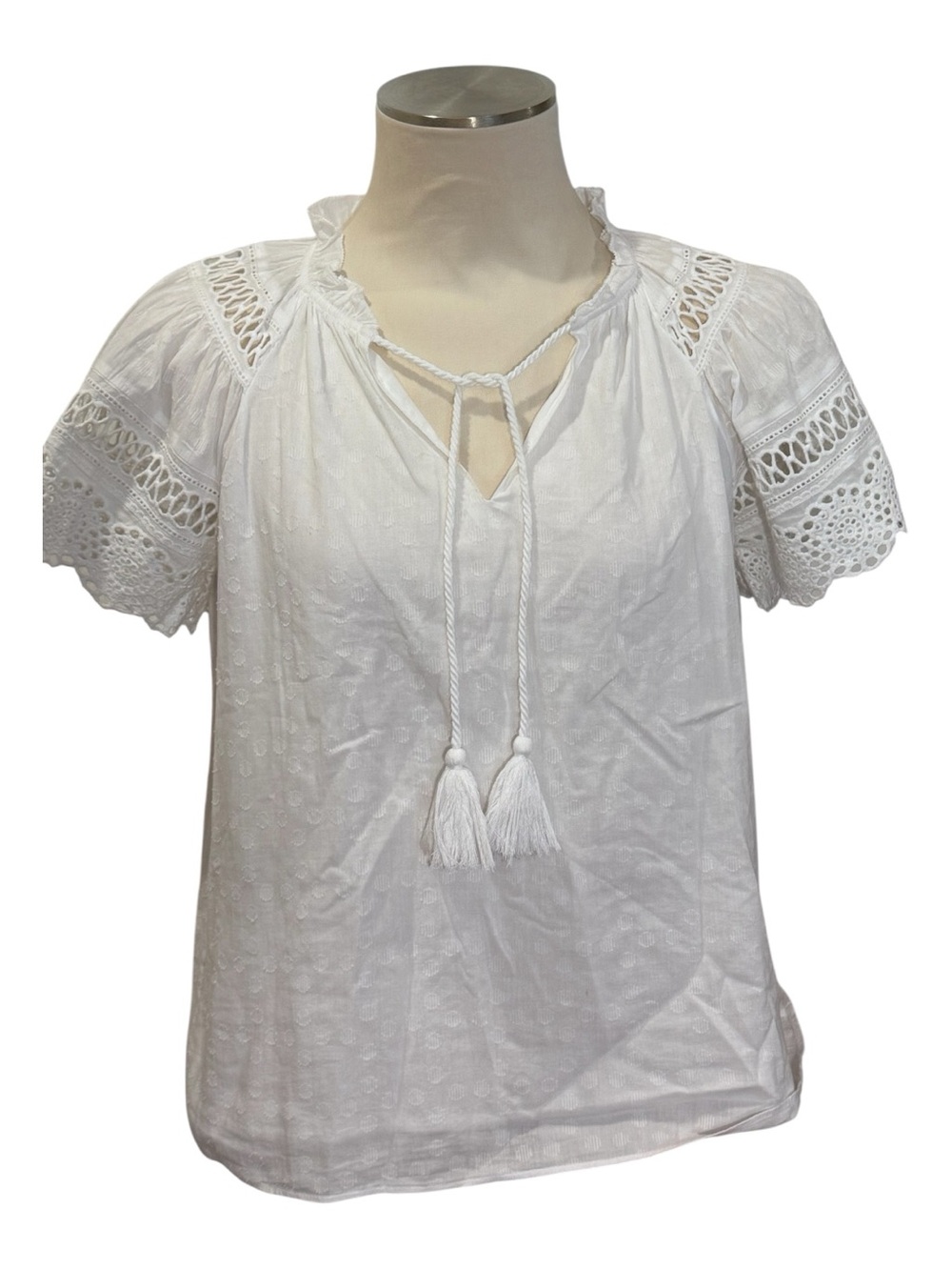 Lilly Pulitzer White Swiss Dot Boho Tassel Tie Peasant Blouse Lace Size Small
